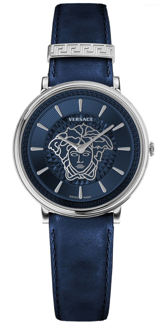 Versace 38Mm V-Circle Quartz Watch With Blue Dial And Leather Strap