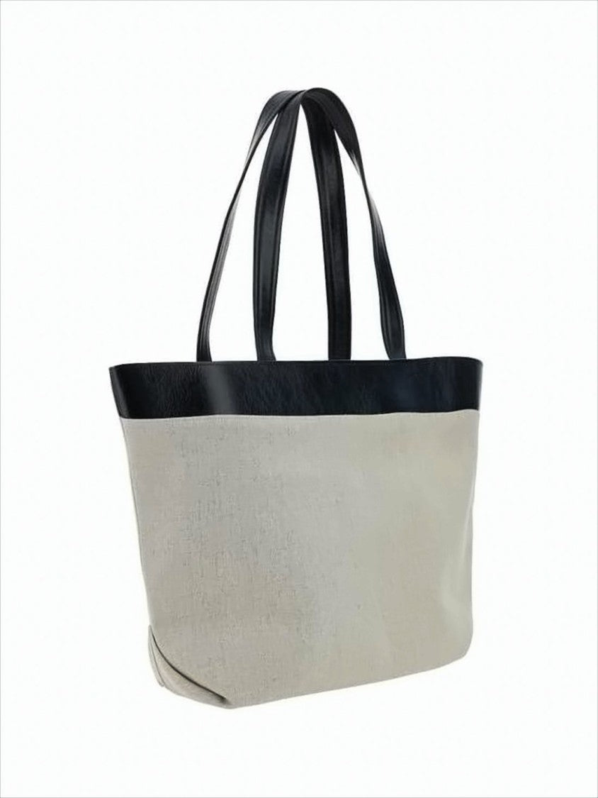 Ami Paris Beige Canvas Tote Bag With Black Leather Trim