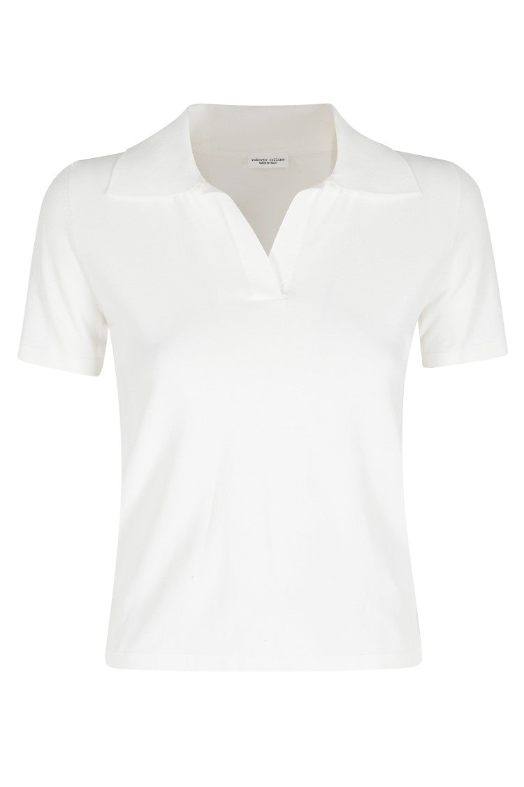 Roberto Collina Ecru Polo V-Neck Ribbed-Trim Viscose Polo Shirt