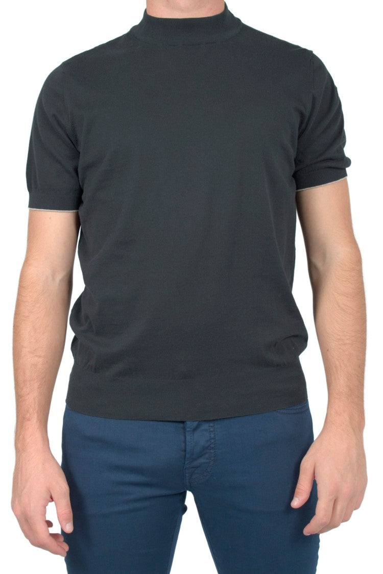 Brunello Cucinelli Charcoal Mock-Neck Short-Sleeve Cotton T-Shirt