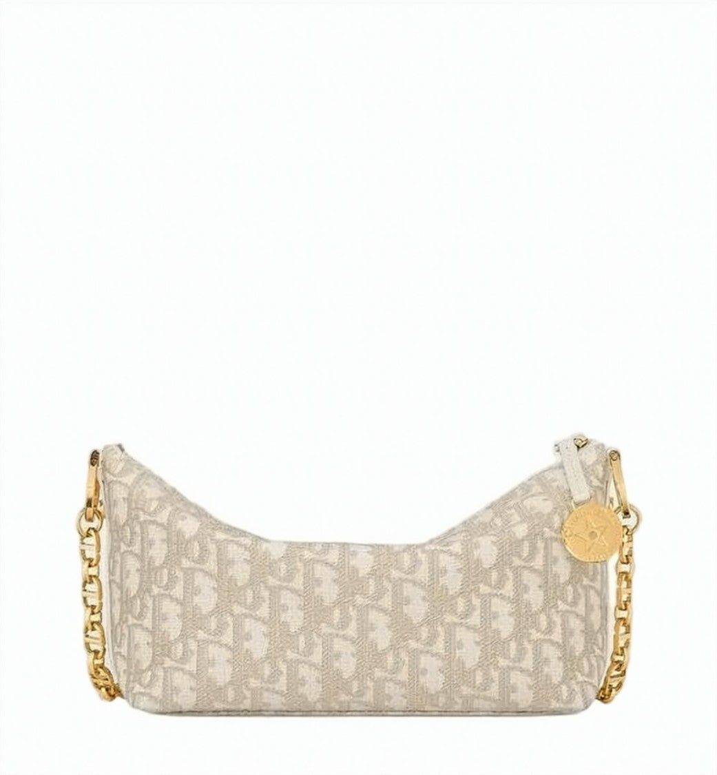 Dior Structured Monogram Shoulder Bag With Chain Detail And Adjustable Strap