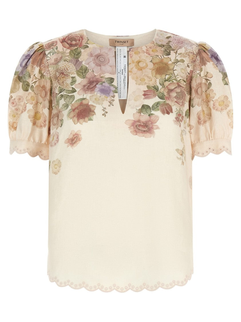 Twin-Set All-Over Floral Print Linen Blouse