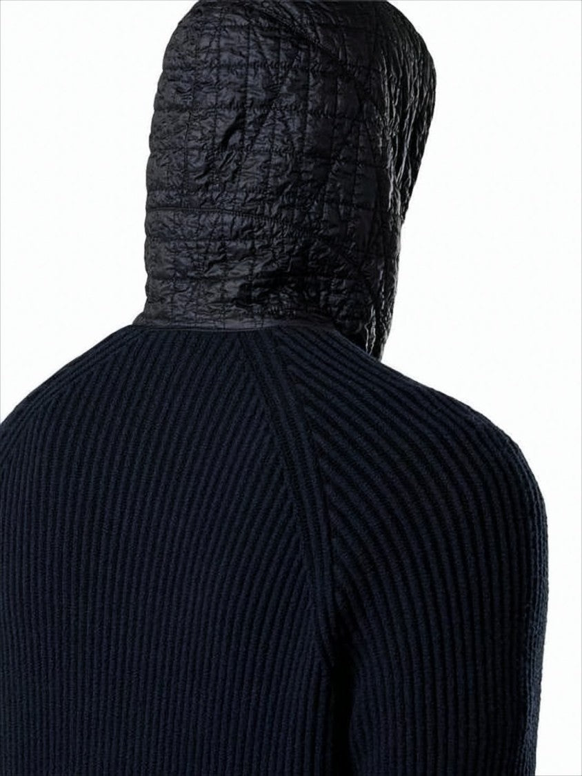Stone Island Ribbed Knit Cardigan With Quilted Hood