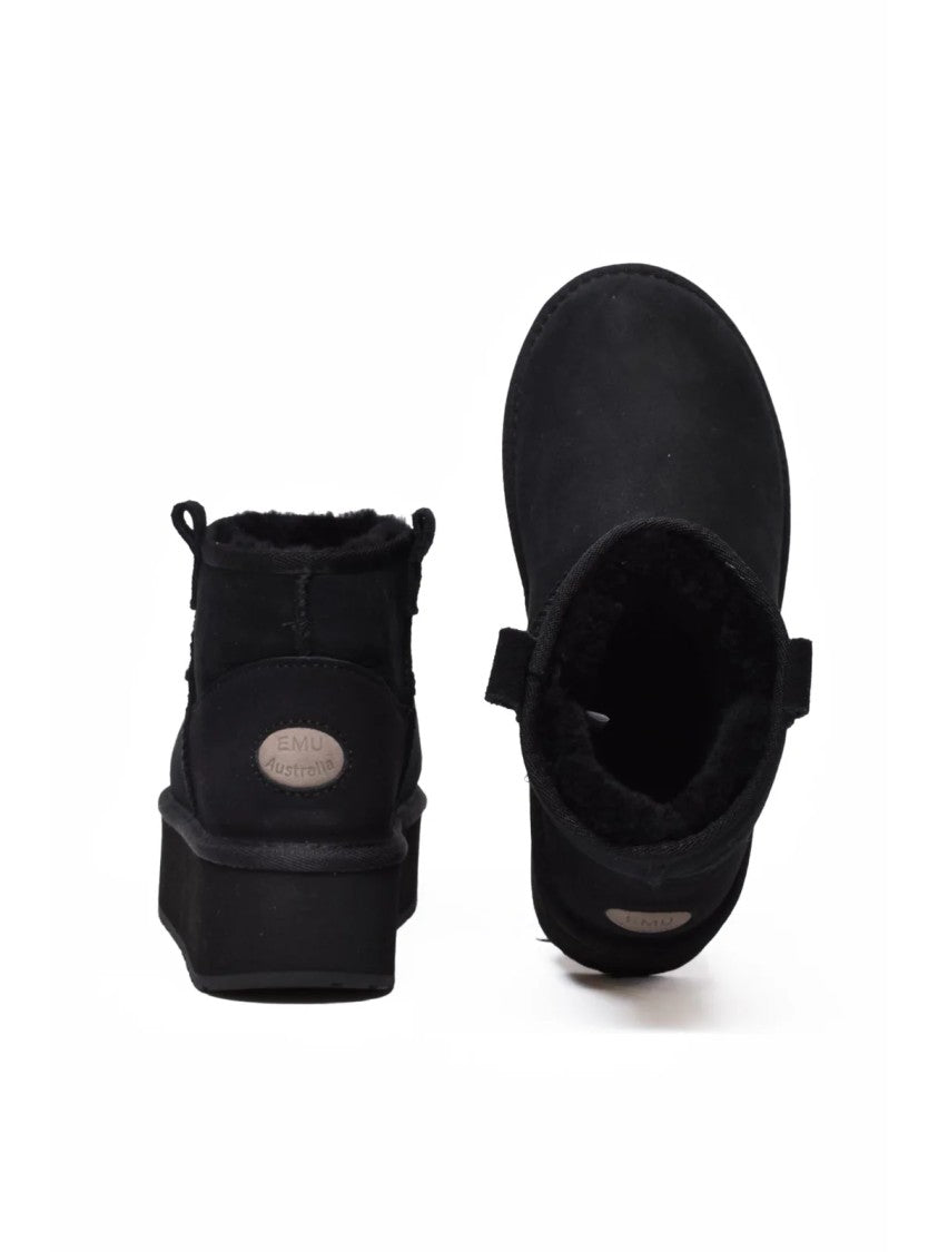 Emu Australia Black Leather Fur Wedge Ankle Boots