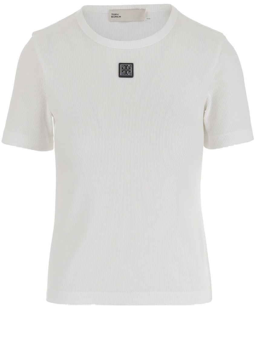 Tory Burch Fitted Cotton T-Shirt With Leather Logo Plaque