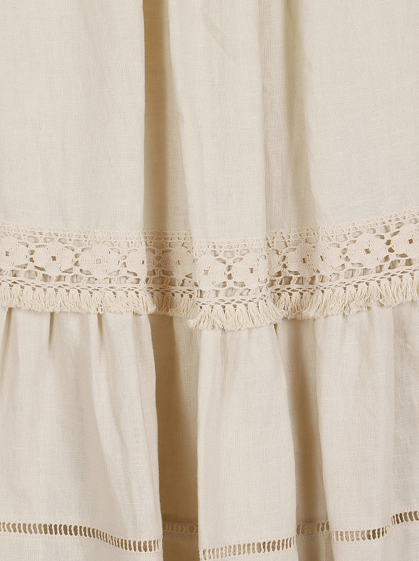 Max Mara Gathered Linen Skirt With Lace Detailing And Cut-Out Patterns