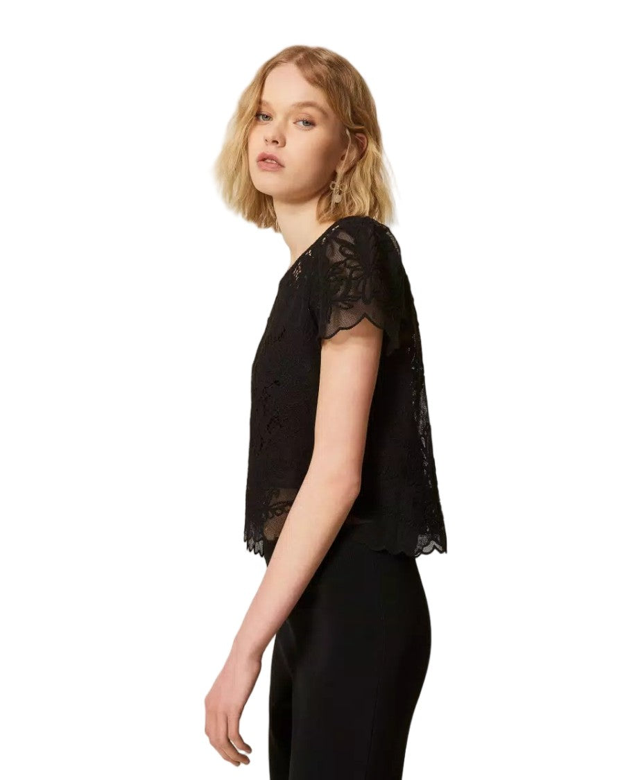 Twin-Set Cotton-Blend Dori Embroidered Scalloped Hem Blouse