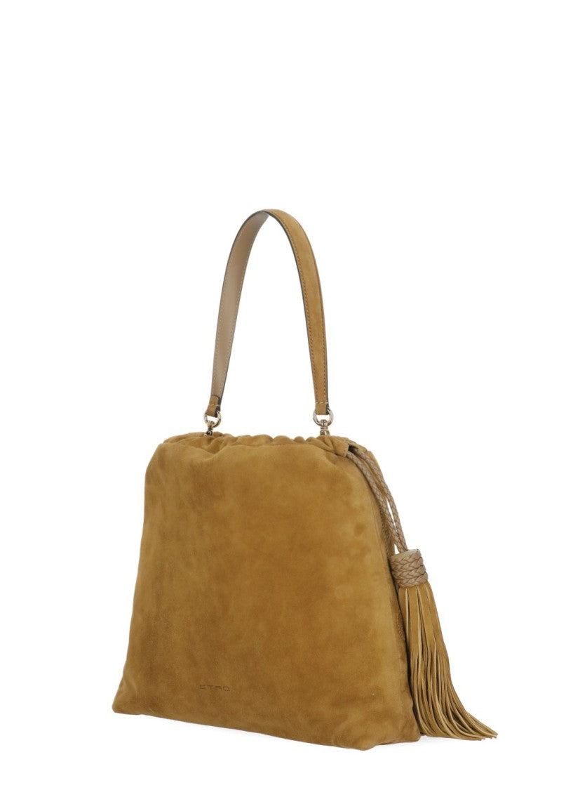 Etro Beige Kalispero Embroidered Fringe Suede Bag