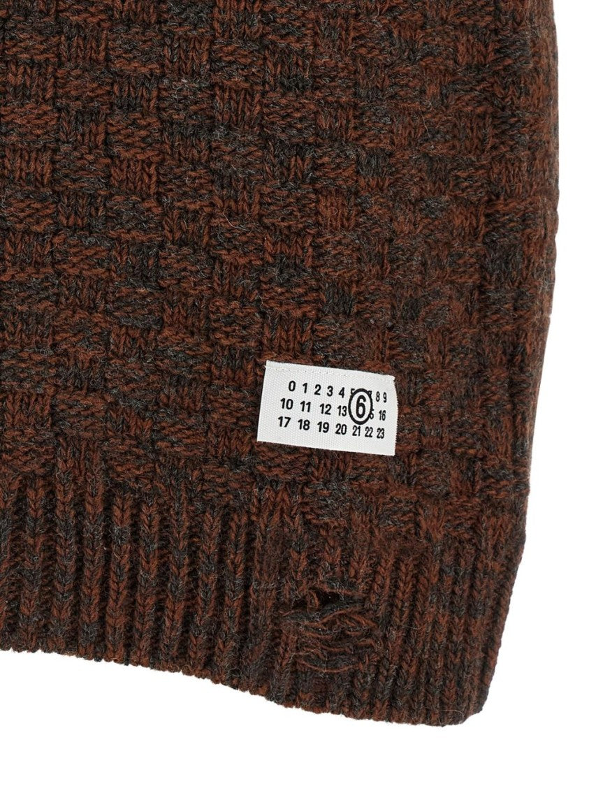 Mm6 By Maison Margiela Textured Brown Knit Gilet With Checkerboard Pattern