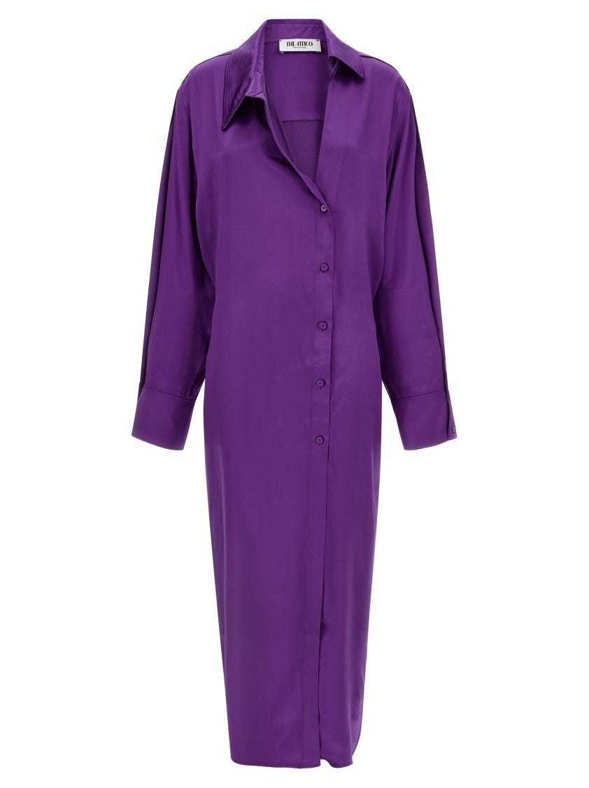 The Attico Asymmetrically Detailed Midi Chemisier Dress In Shiny Viscose