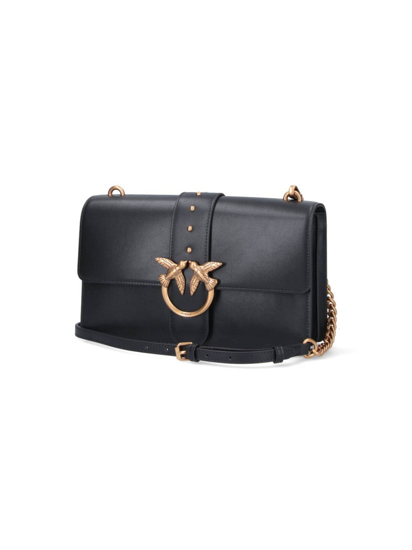 Pinko Medium Black Leather Shoulder Bag With Gold-Tone Logo
