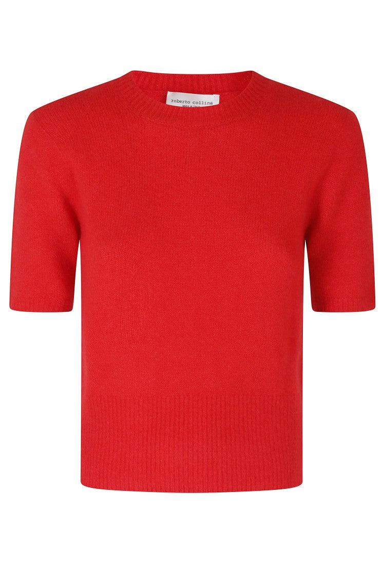 Roberto Collina Red Cashmere-Silk Crewneck Short-Sleeve Sweater
