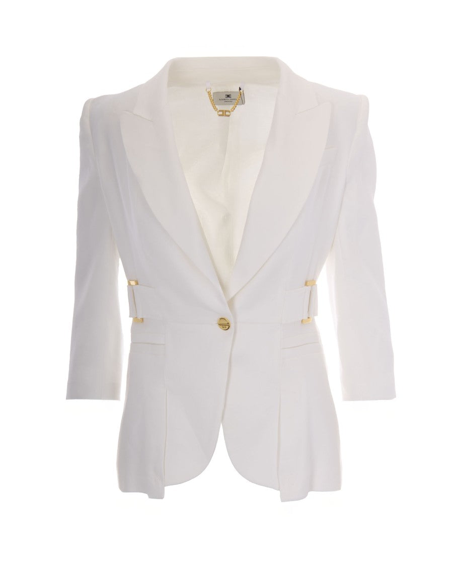 Elisabetta Franchi Ivory Linen Blend Single-Breasted Blazer With Peplum Effect