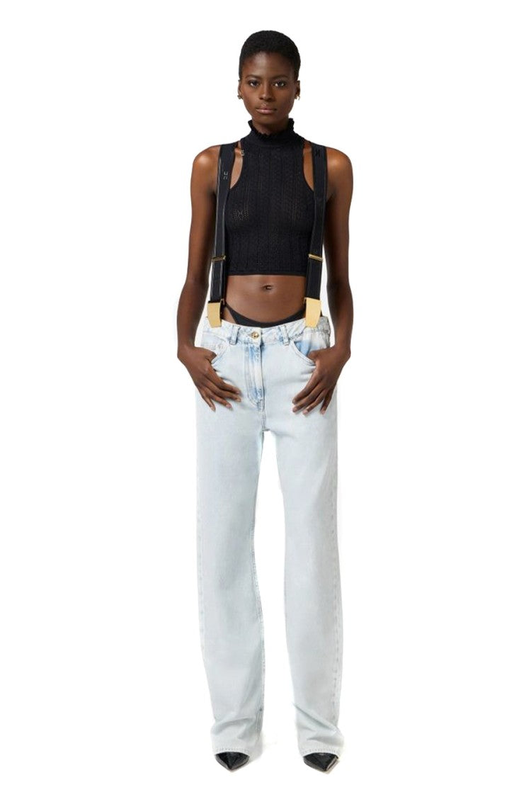 Elisabetta Franchi High-Waisted Light Wash Jeans With Suspenders