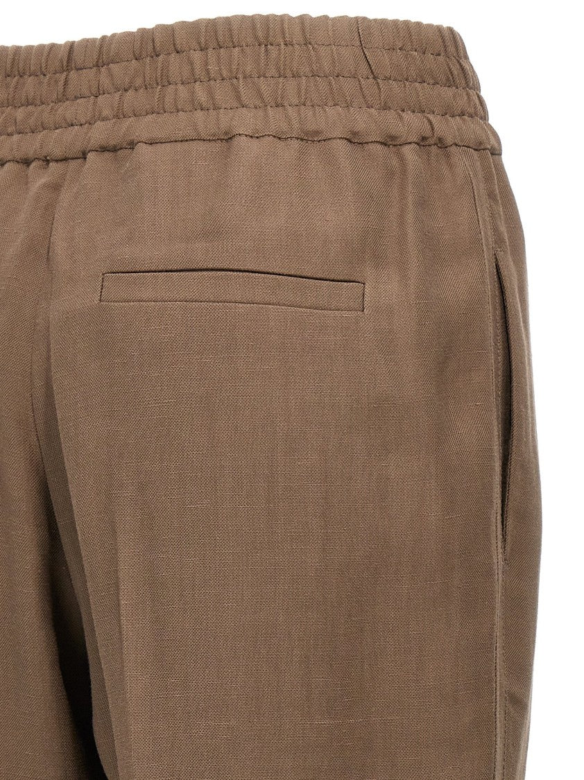 Brunello Cucinelli Brown Linen Blend Trousers With Elastic Waistband
