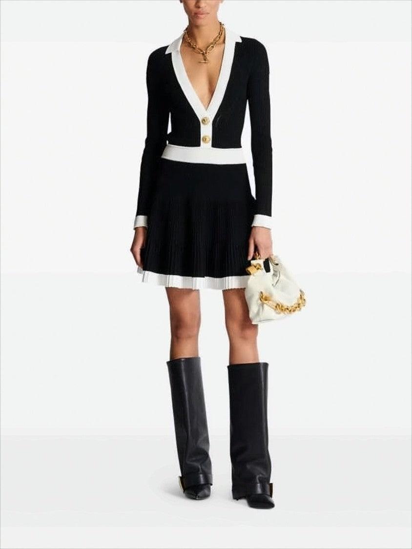 Balmain Ribbed Knit Midi Dress With Contrasting Collar
