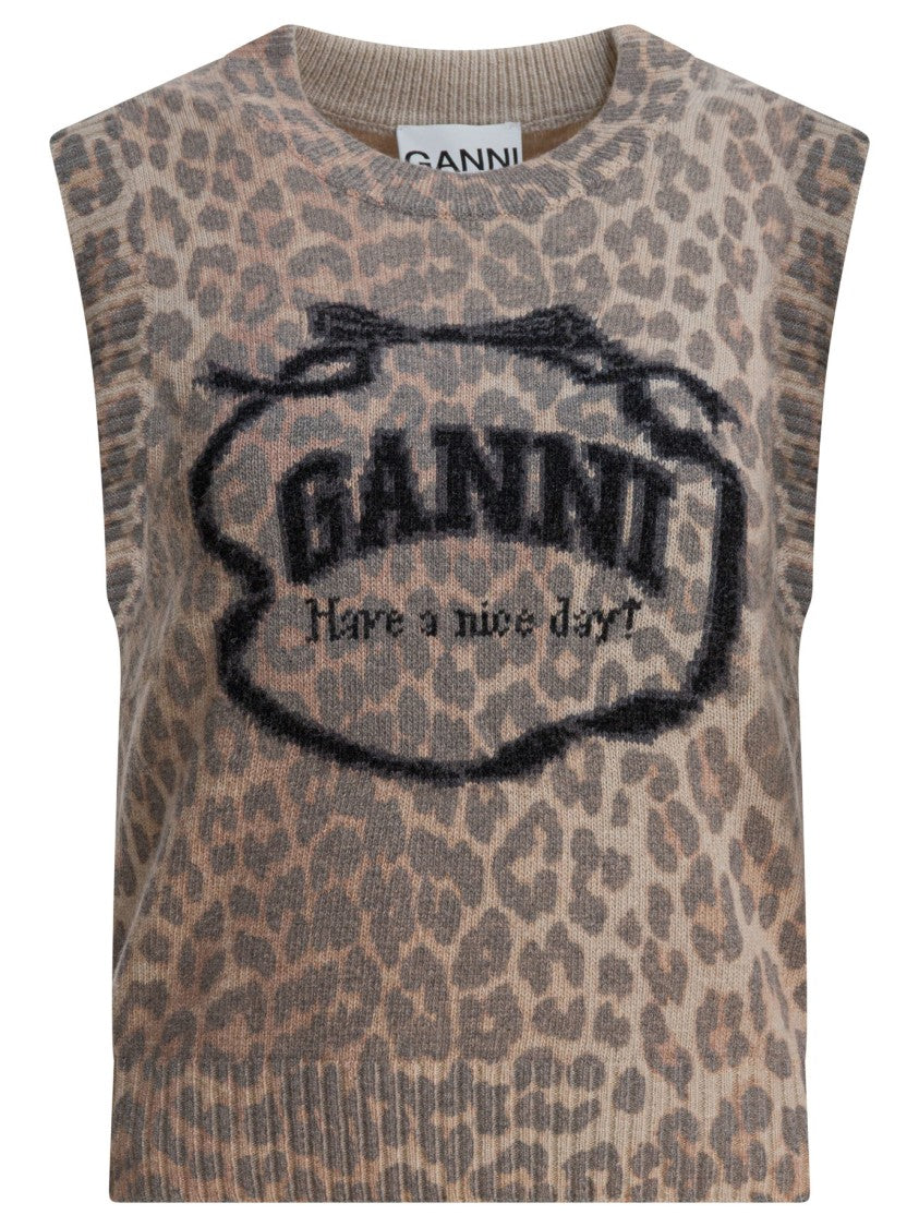 Ganni Sleeveless Wool Vest With Graphic Logo Print
