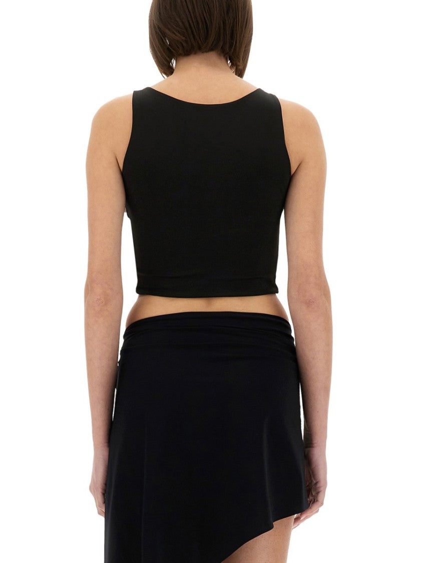 Magda Butrym Fitted Black Top With V-Neckline And Floral Embellishment