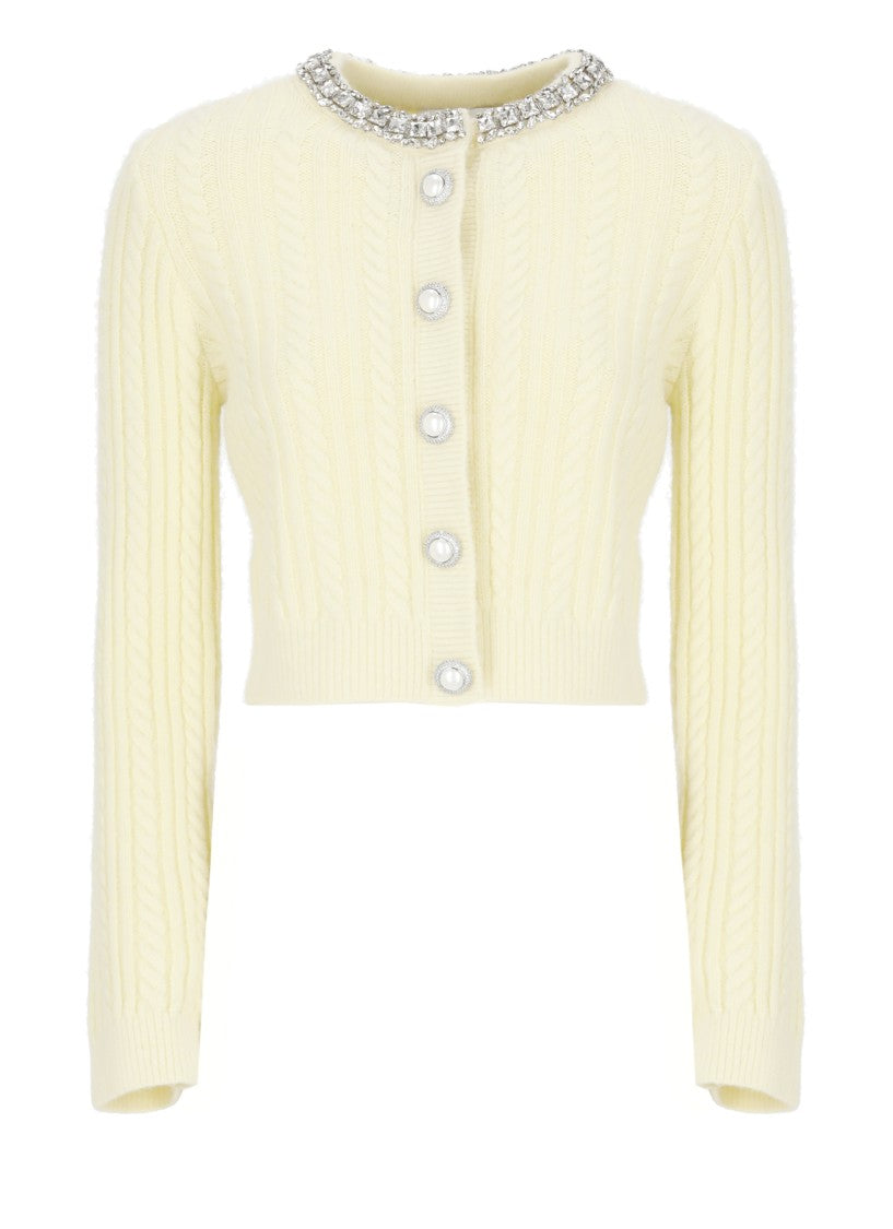 Self-Portrait Cropped Yellow Alpaca Cardigan With Rhinestone Embellishments