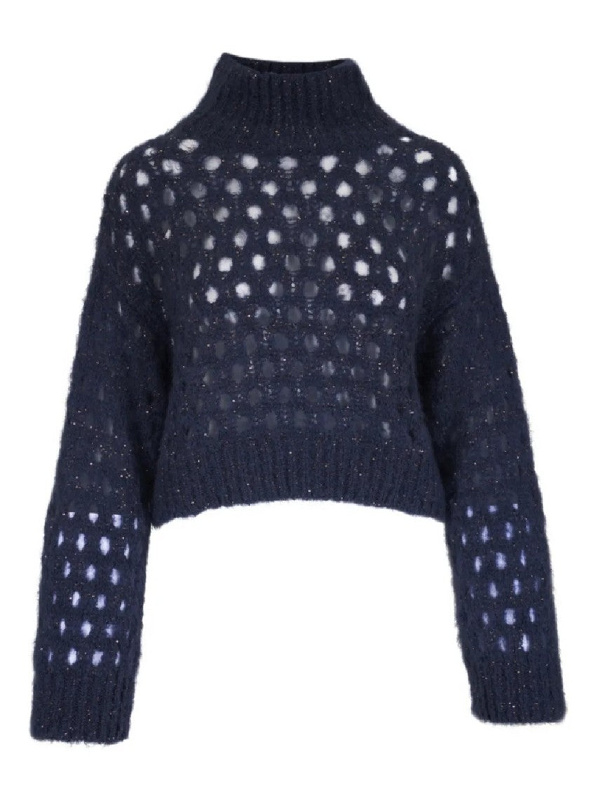 Brunello Cucinelli Cropped Knit Sweater With High Ribbed Collar And Open-Knit Pattern