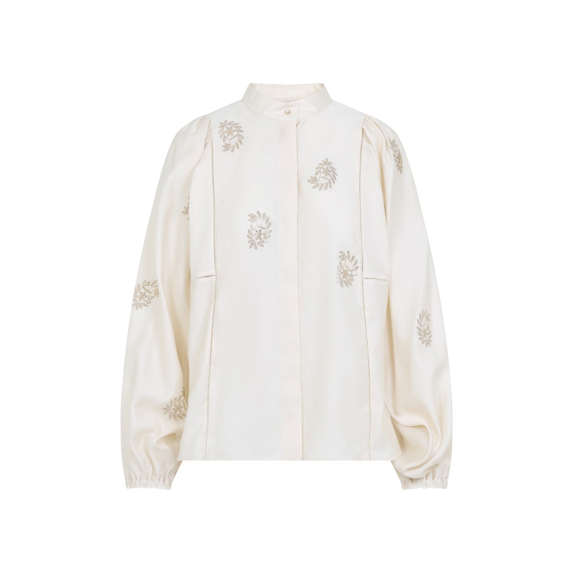 Max Mara High Collar White Cotton Shirt With Embroidered Detail