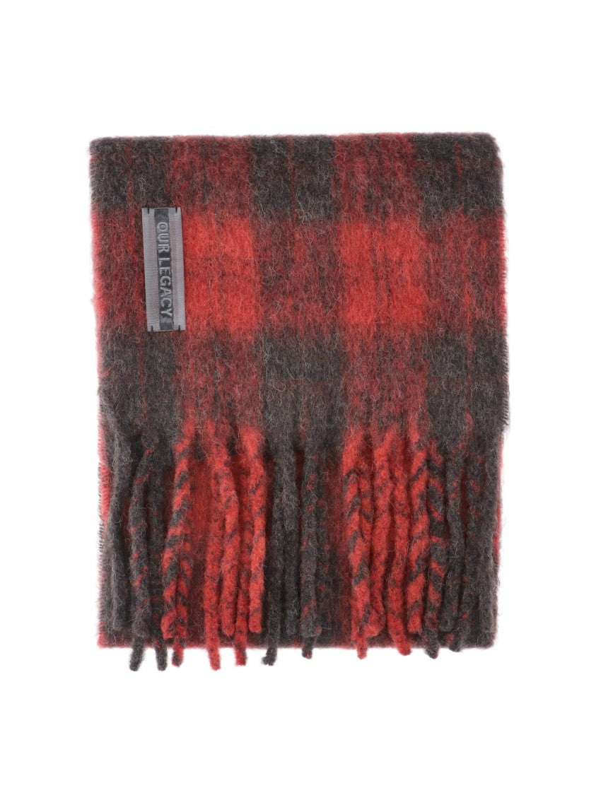 Our Legacy Red Checkered Estate Fringed Wool Scarf