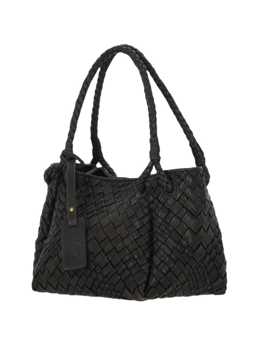 Visona` Woven Black Leather Shoulder Bag With Braided Handles