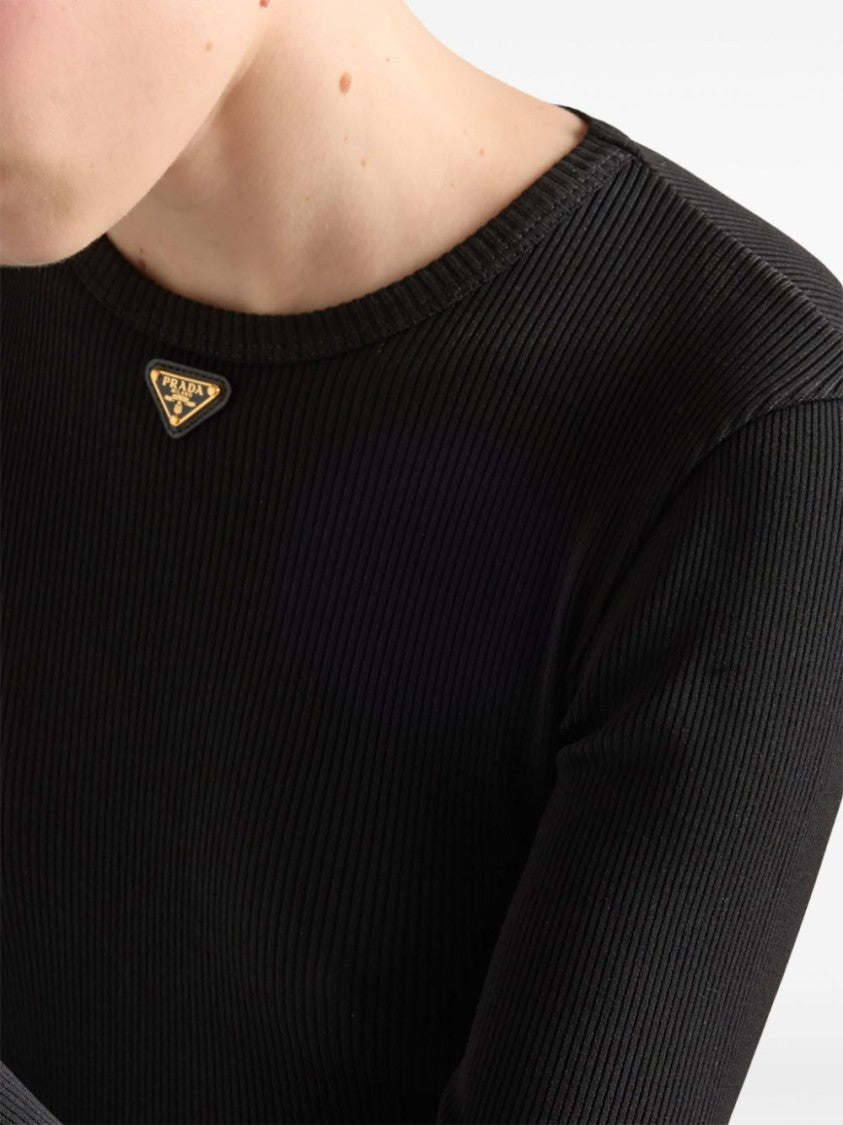 Prada Fitted Black Midi Dress With Ribbed Texture And Logo Detail