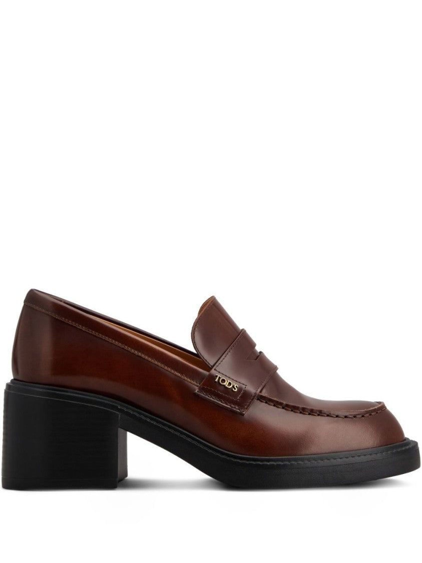 Tod's Black Calfskin Leather Block Heel Loafers