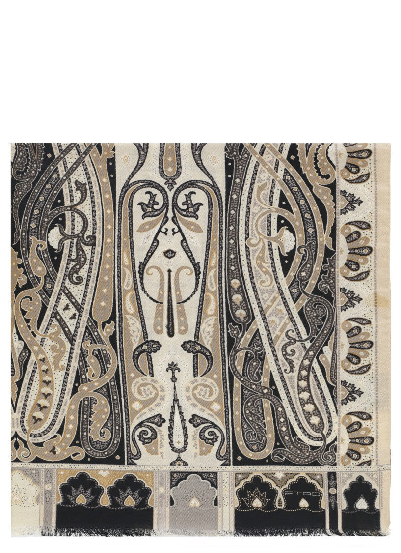 Etro Rectangular Scarf With Intricate Fantasy Motif And Fringed Edge