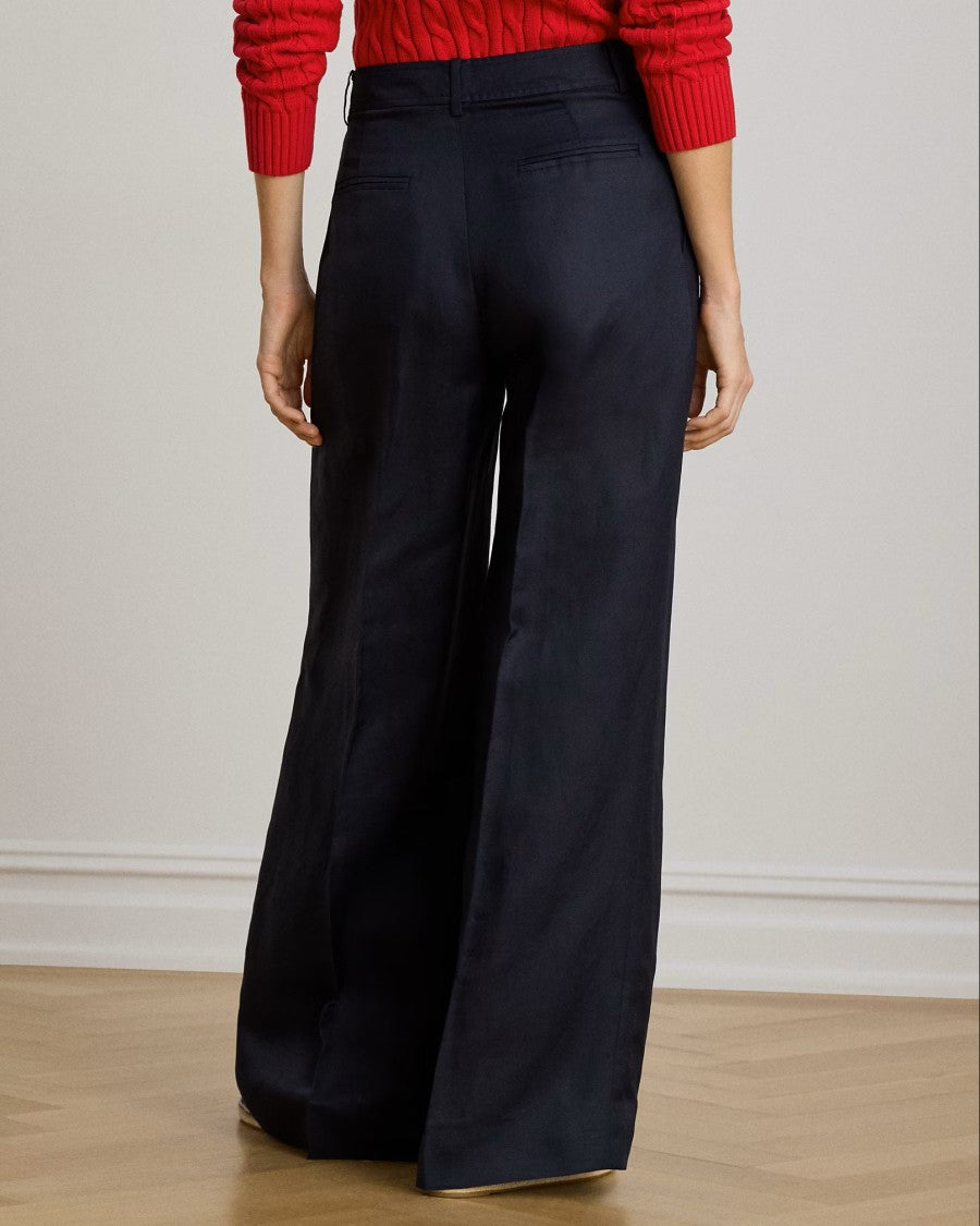 Lauren Ralph Lauren Navy Blue Woven Linen Wide Trousers