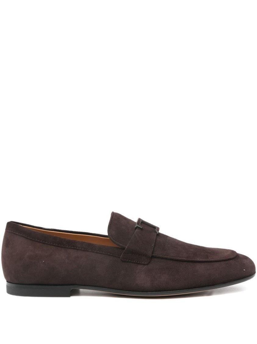 Tod's Brown Calf Suede T-Plaque Loafers