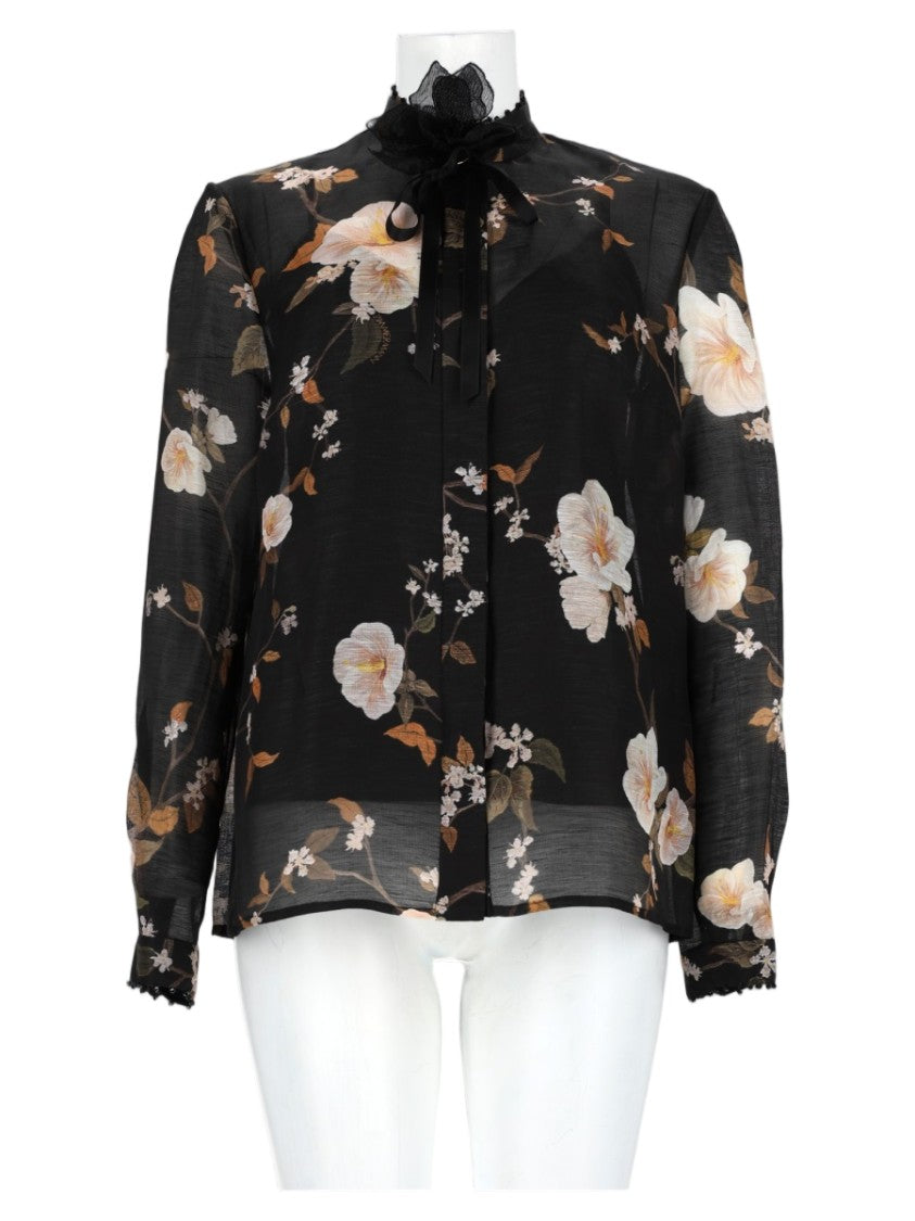 Zimmermann Black Floral Printed Ruffled Linen-Silk Blouse