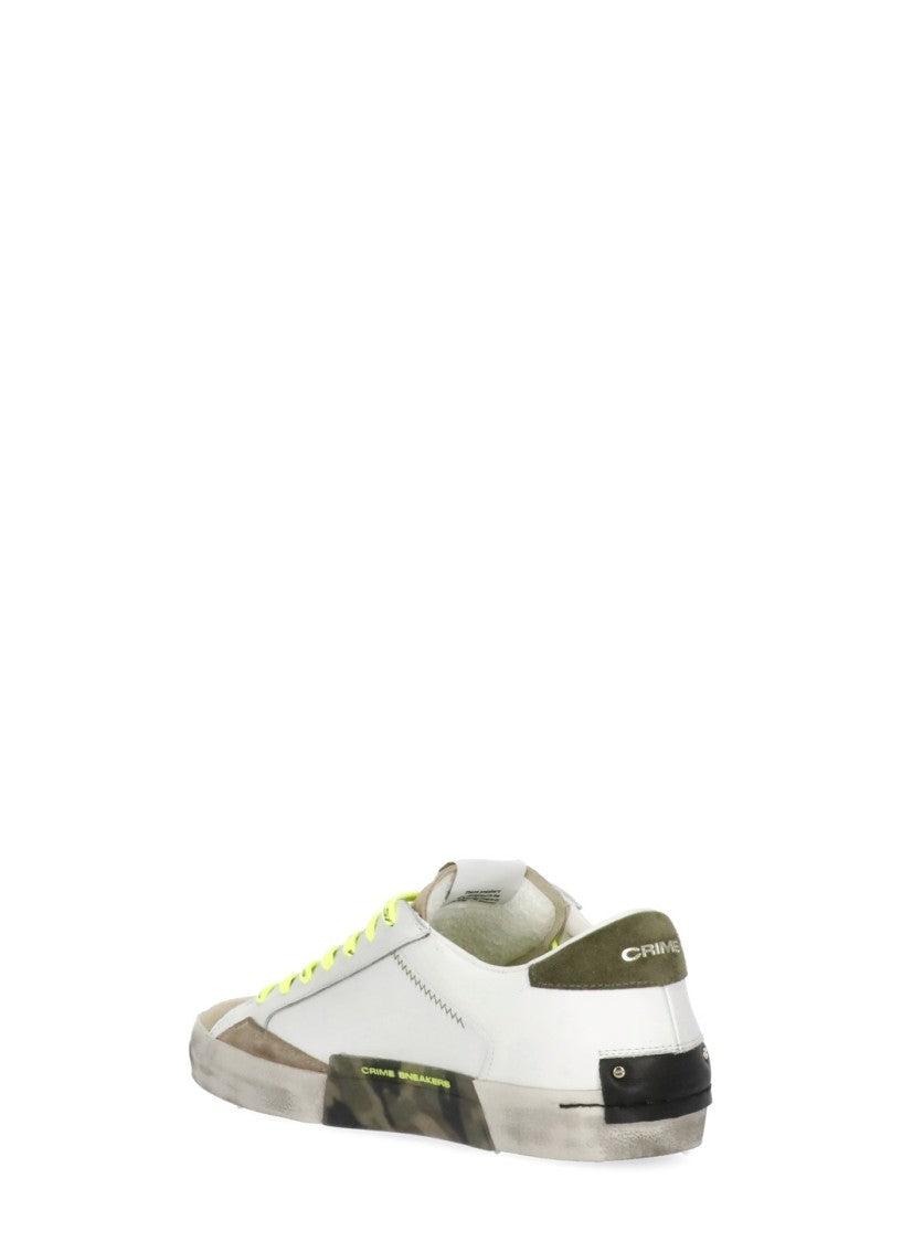 Crime London Ivory Distressed Green Detail Leather Sneakers