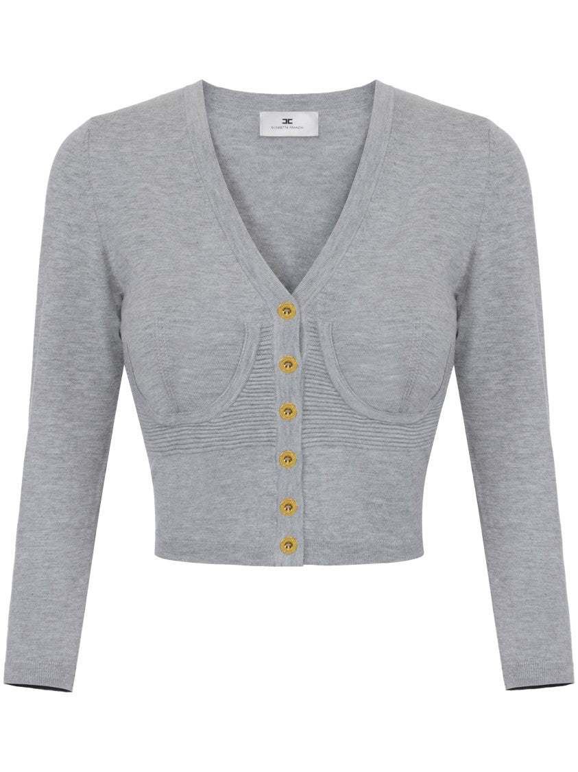 Elisabetta Franchi Cropped Ribbed V-Neck Knit Sweater