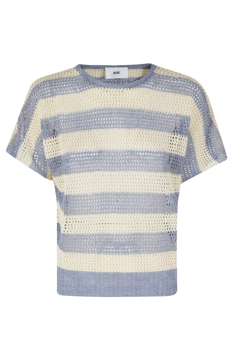 Solotre Milk Blue Striped Mesh Linen-Blend Short-Sleeve Sweater
