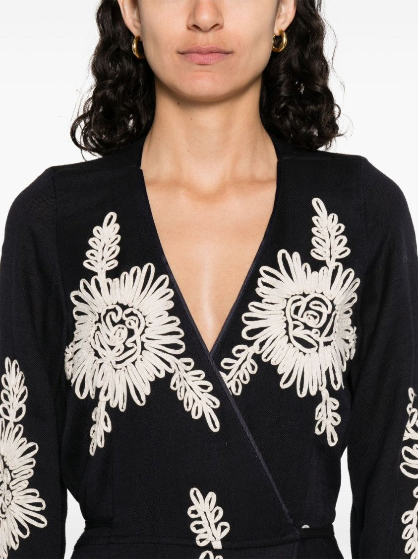 Forte Forte Wrap-Style Black Maxi Dress With Floral Embroidery