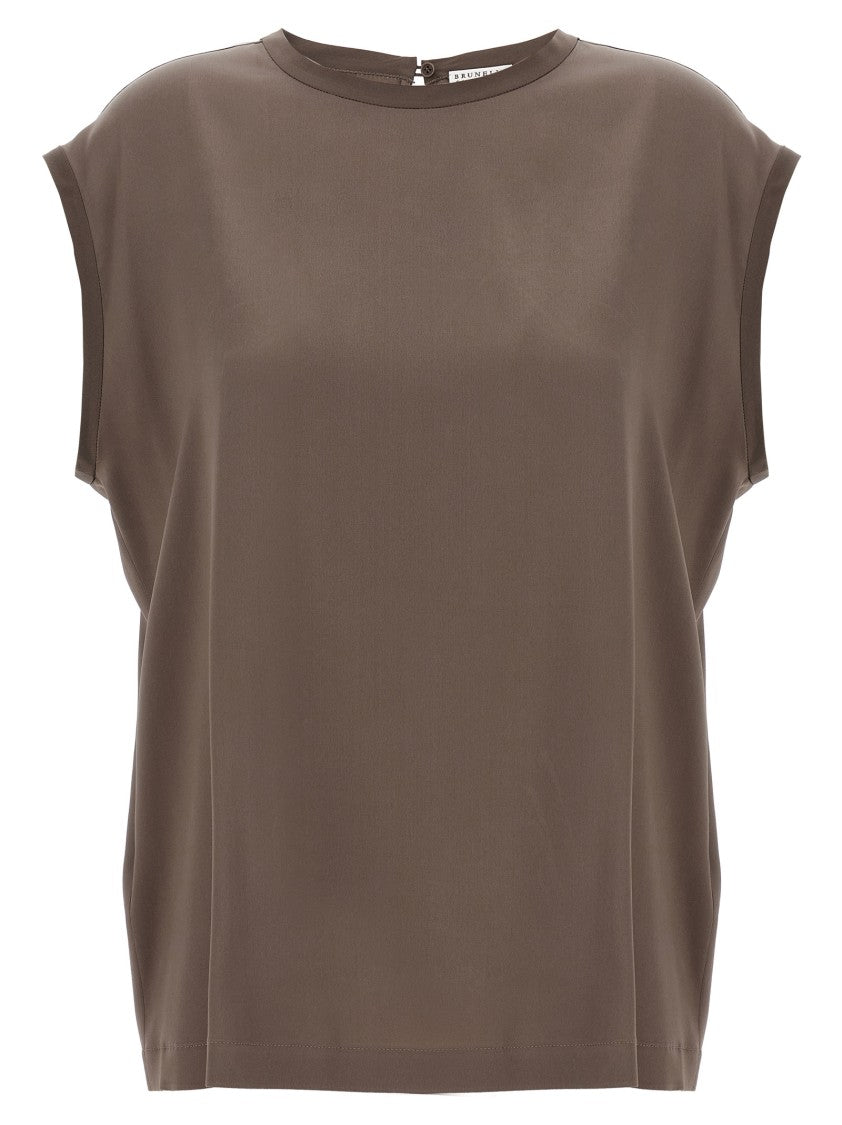 Brunello Cucinelli Silk Crewneck Blouse With Back Button Closure