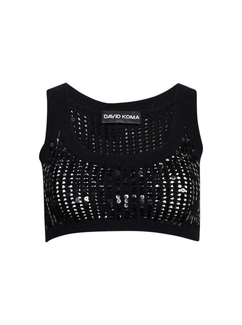 David Koma Sequin Crop Knit Top - Black