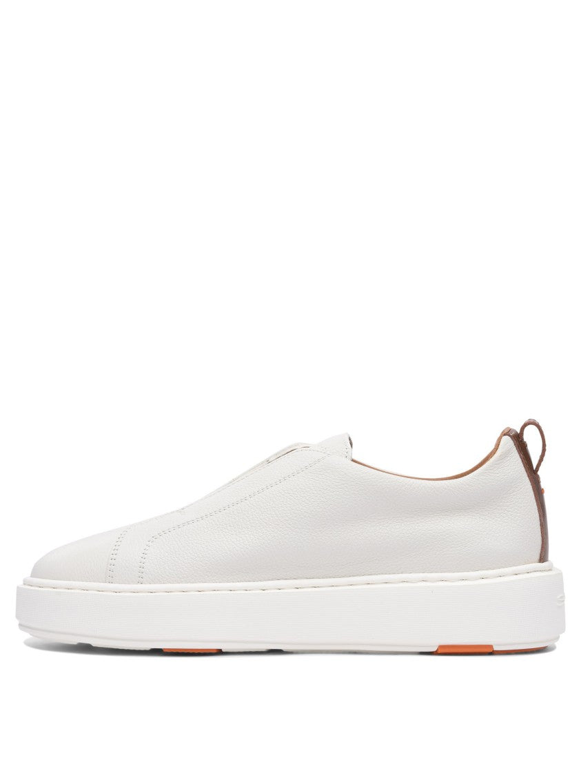 Santoni White Leather Slip-On Sneakers