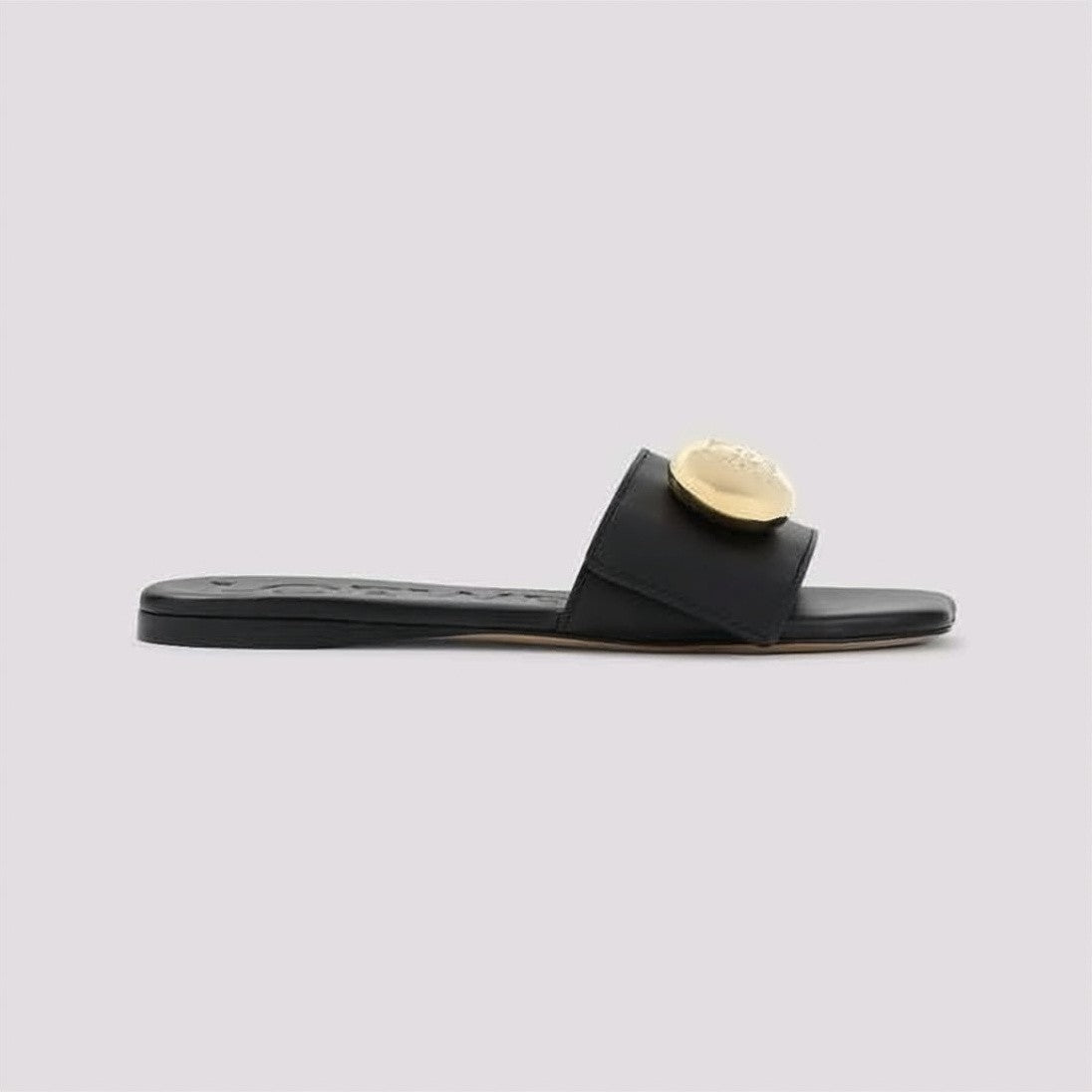 Loewe Minimalist Black Slide Sandals With Gold-Tone Medallion