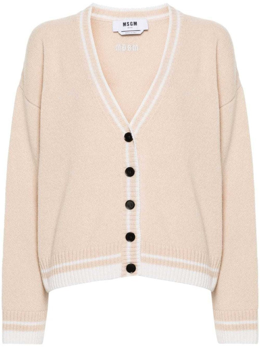 Msgm Beige Embroidered-Logo Cardigan