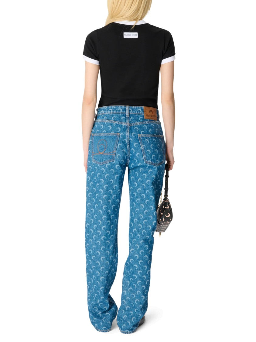 Marine Serre Straight-Leg Denim Jeans With Crescent Moon Pattern