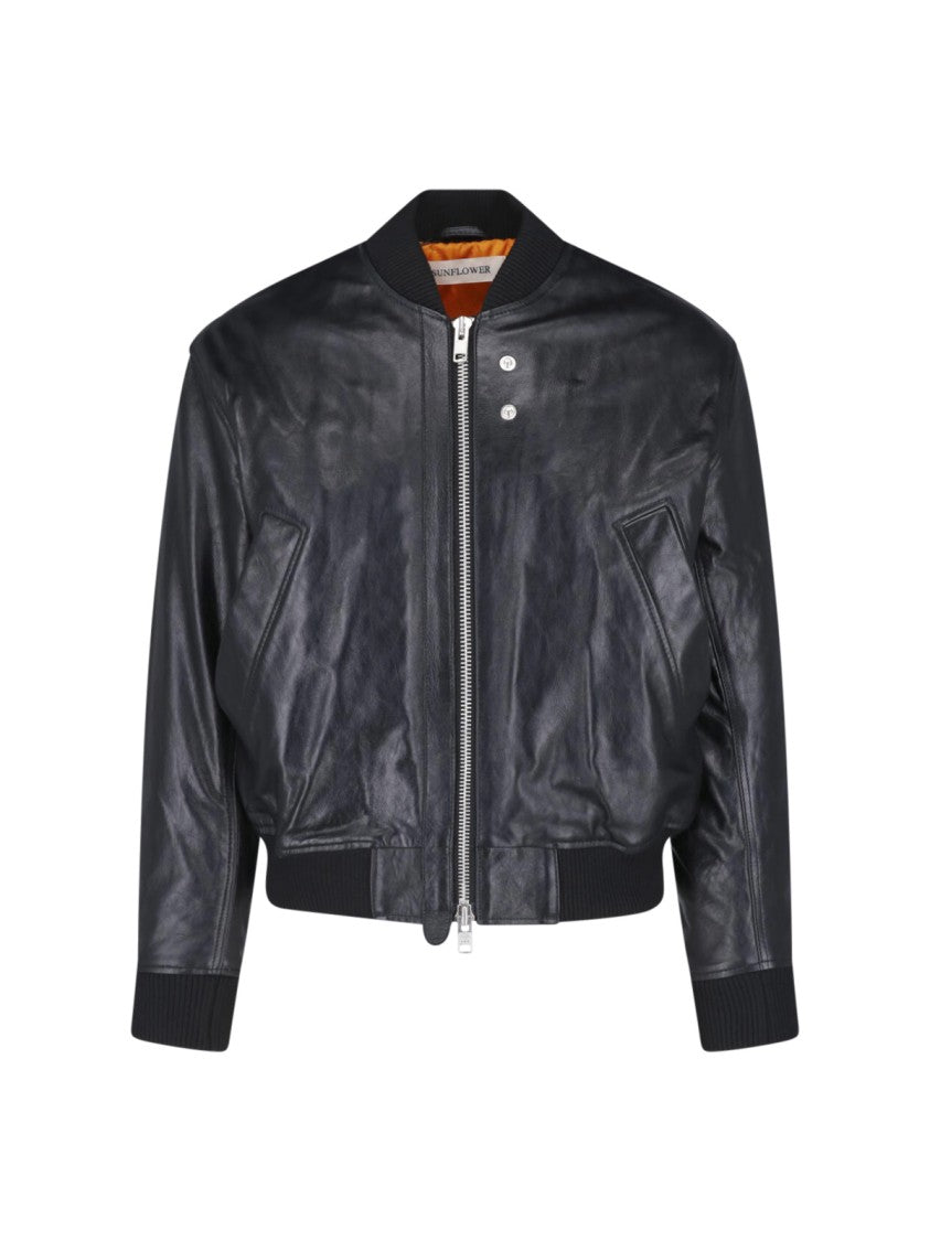 Sunflower Black Leather Ribbed Details Bomber Jacket
