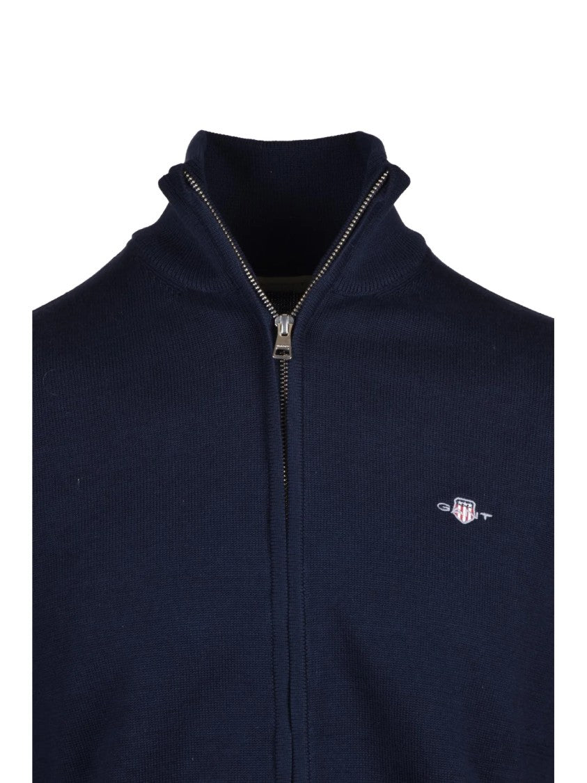 Gant Dark Blue High Collar Zip Cotton Cardigan