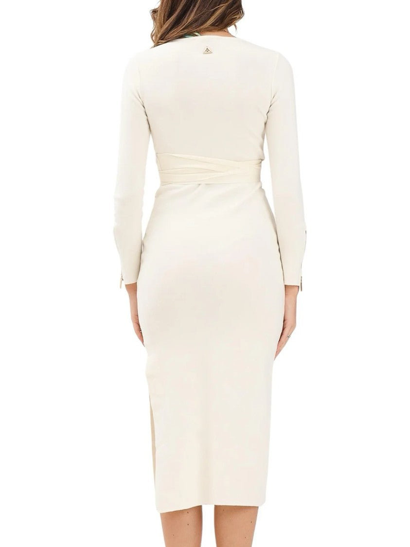 Akep Beige Knit Midi Dress With Fitted Silhouette And Side Slit