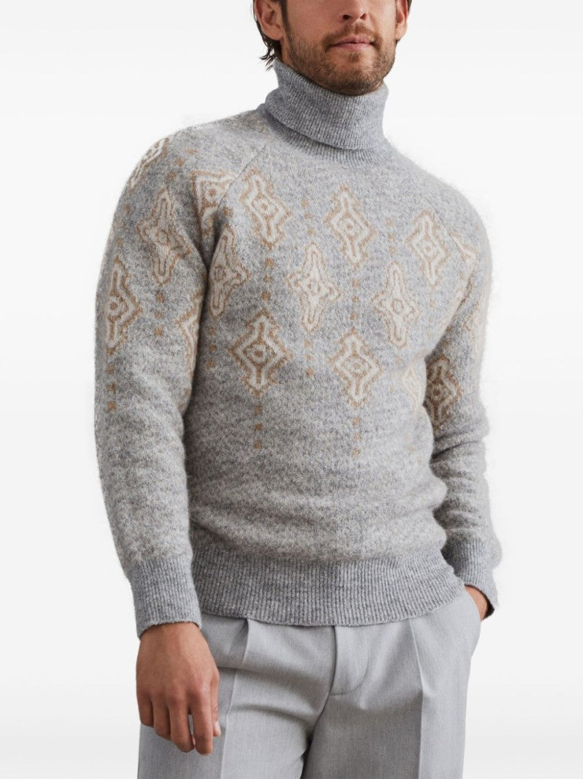 Brunello Cucinelli Luxurious Wool-Cotton Blend Sweater With Elegant Pattern And High Neck Design