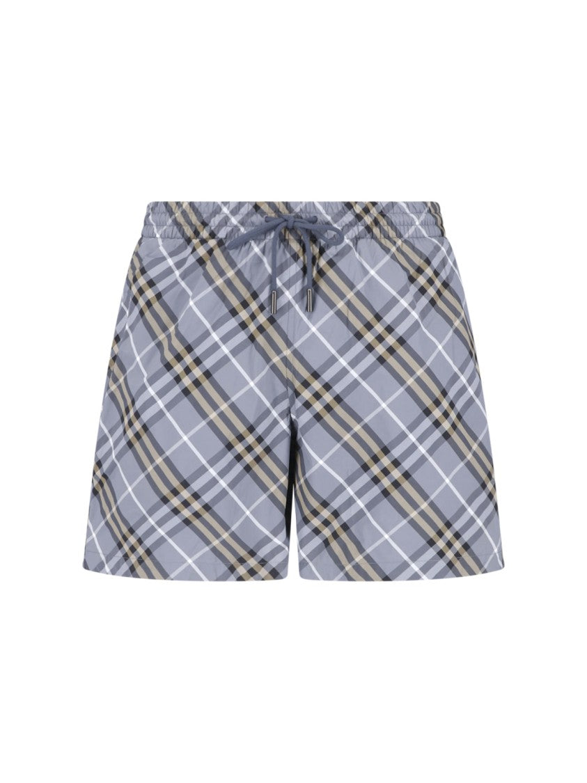 Burberry Blue Check Drawstring Straight Swim Shorts