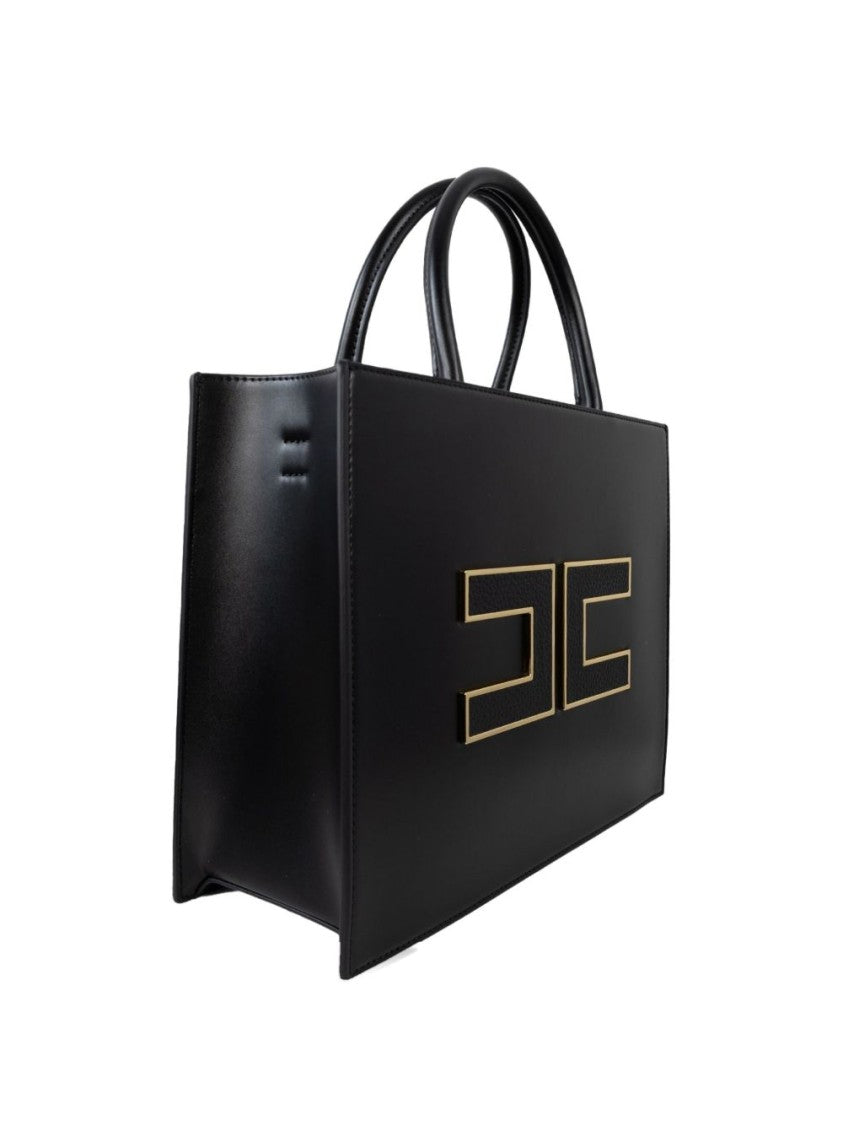 Elisabetta Franchi Structured Black Handbag With Gold Geometric Logo