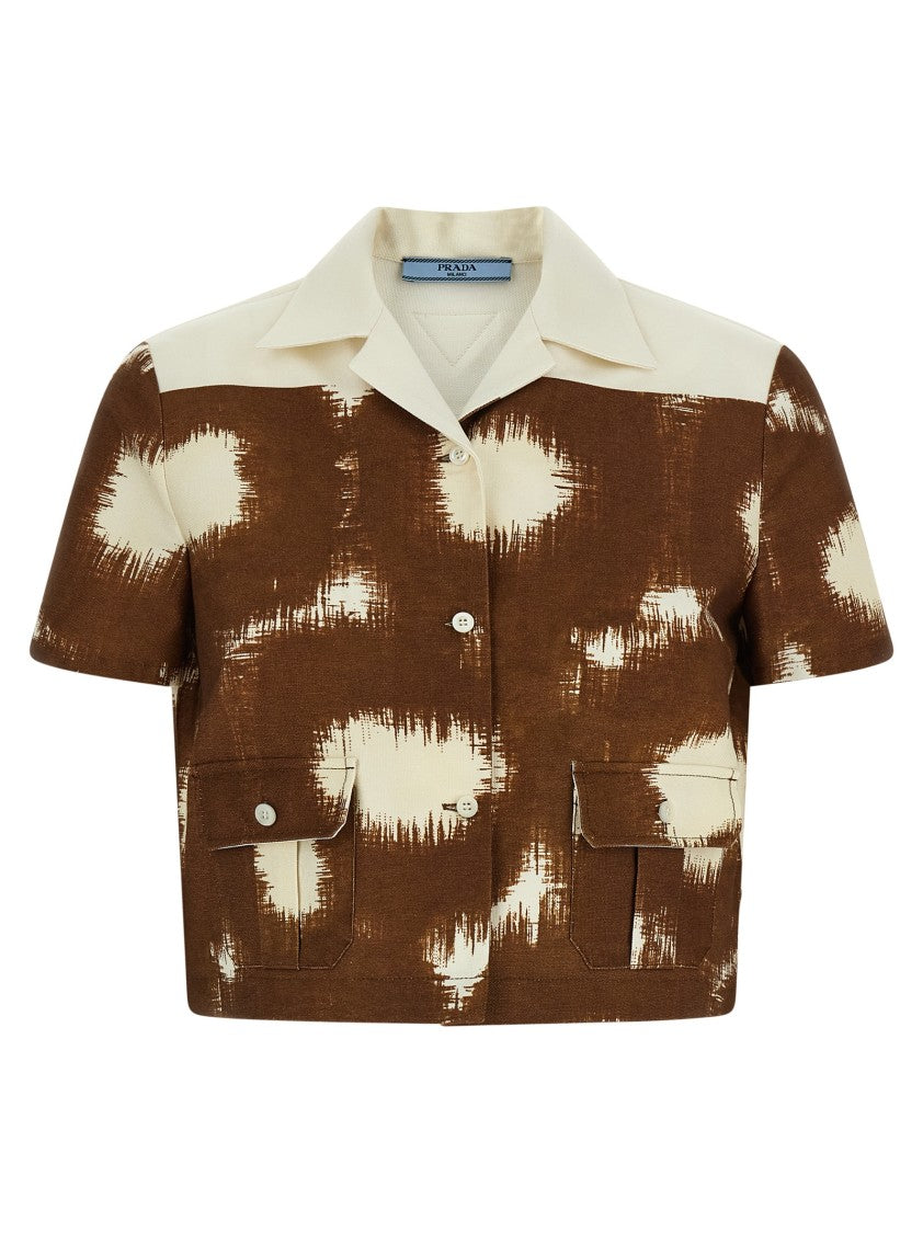 Prada Circle Print Cotton Canvas Shirt With Bowling Collar
